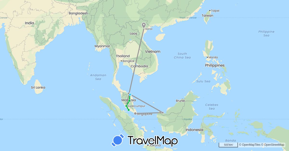 TravelMap itinerary: driving, bus, plane, boat in Malaysia, Singapore, Vietnam (Asia)